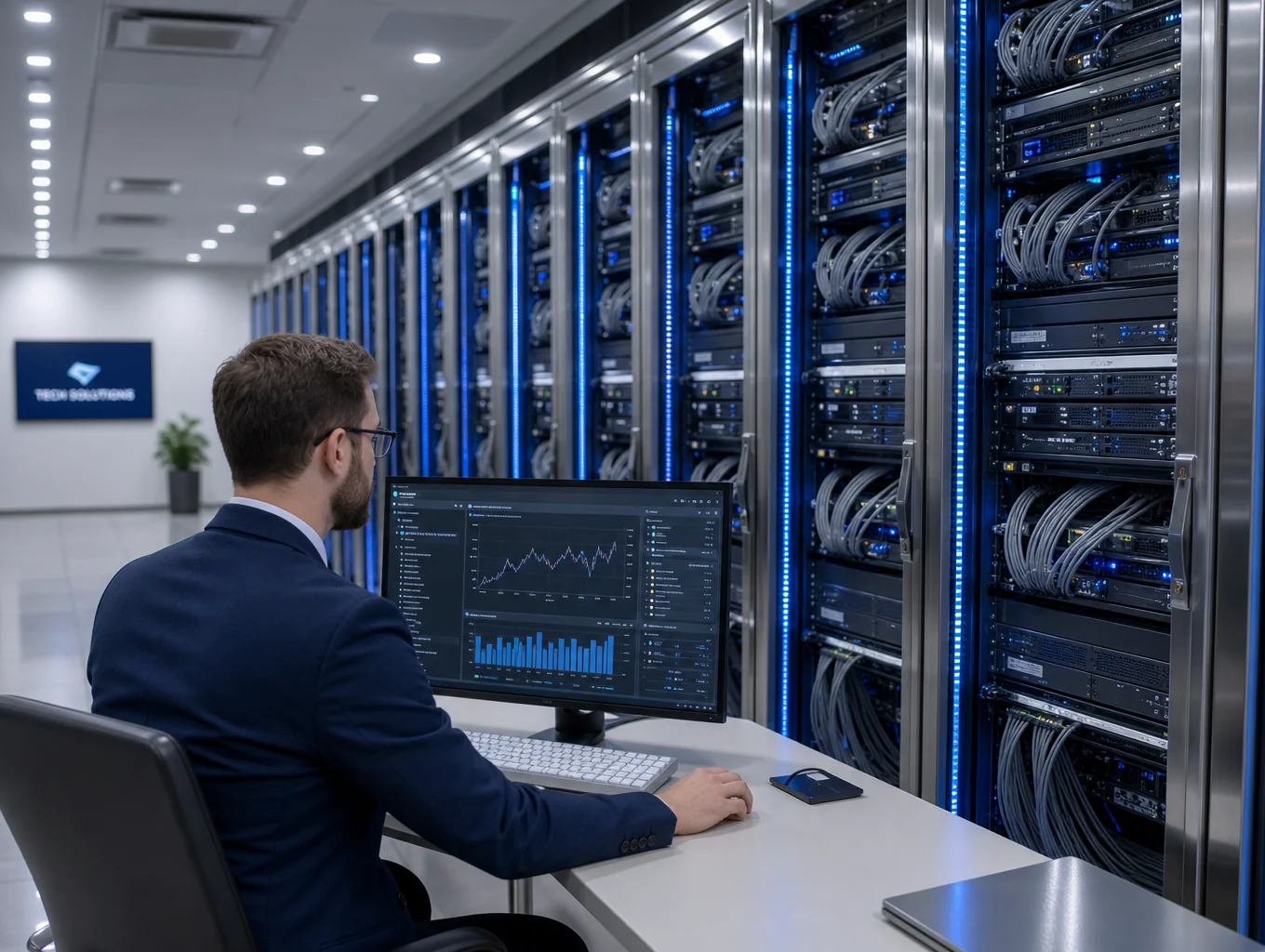 Moderne IT-Infrastruktur und strukturierte Server-Racks für Firmenkunden