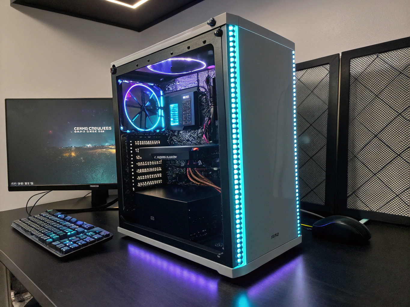 Maßgeschneiderter Gaming-PC mit sauberem Kabelmanagement und dezenter blauer Beleuchtung
